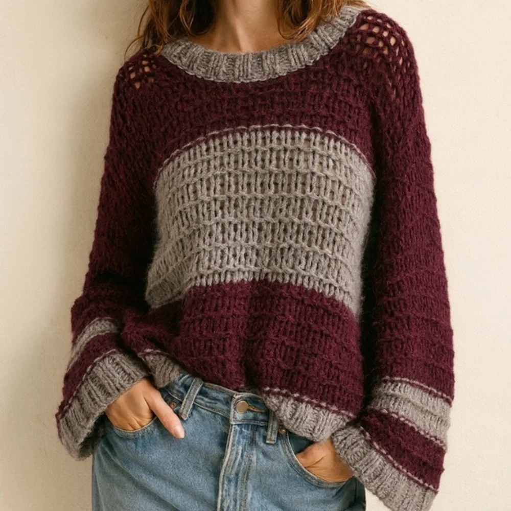 Free people Monaco burgundy mauve loose knit relaxed fit sweater